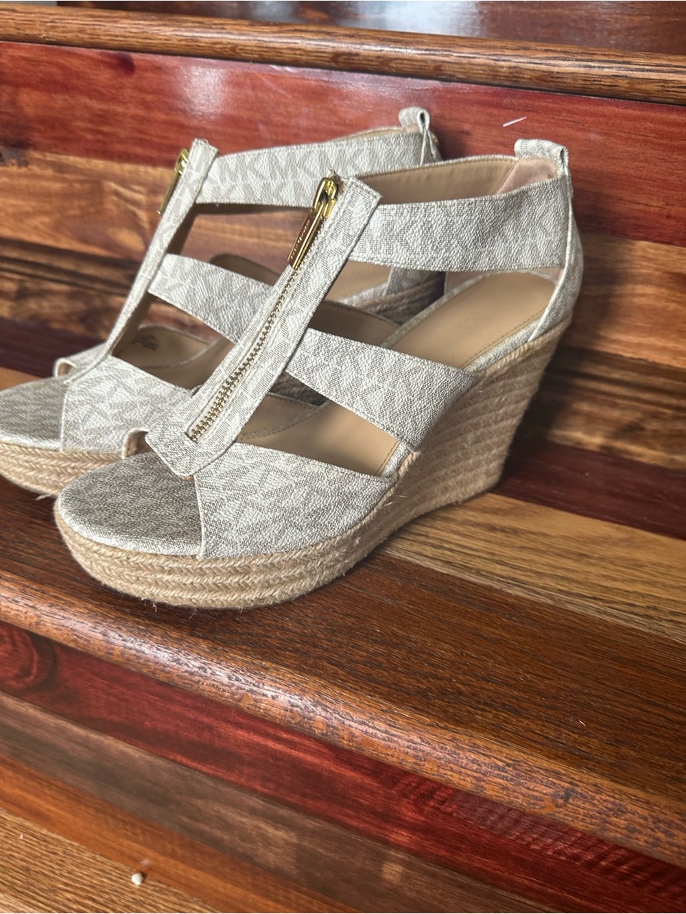 Michael Kors Beige Logo Espadrille Wedge Sandals with Gold Zip Accent